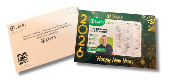 Promotional postcard with Lucky brand and QR code on a white background.  Calendar Magnet.  Happy New Year Postcard Mailing.