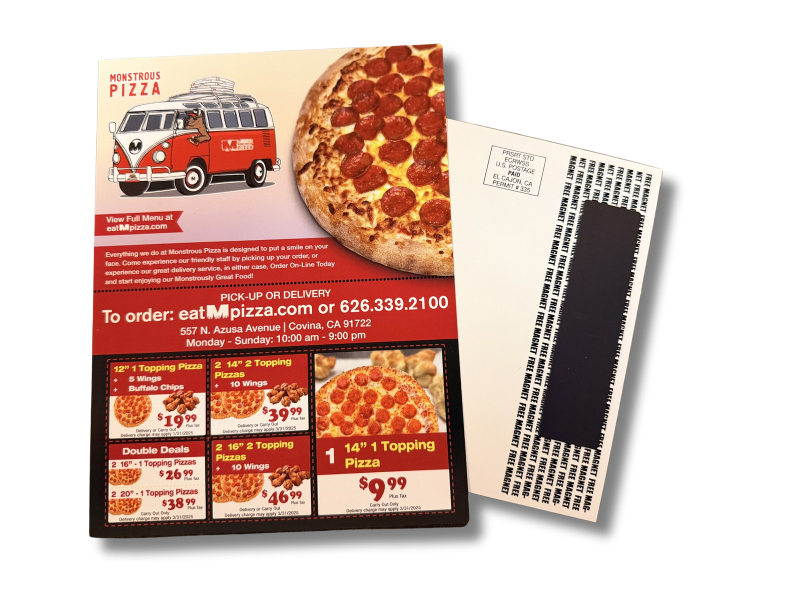 Pizza restaurant flyer with pizza images and contact information on a white background. Magnetic Mailing.