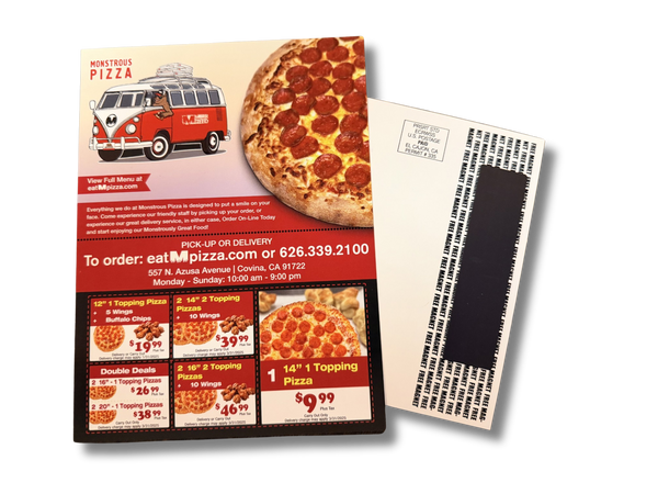 Pizza restaurant flyer with pizza images and contact information on a white background. Magnetic Mailing.