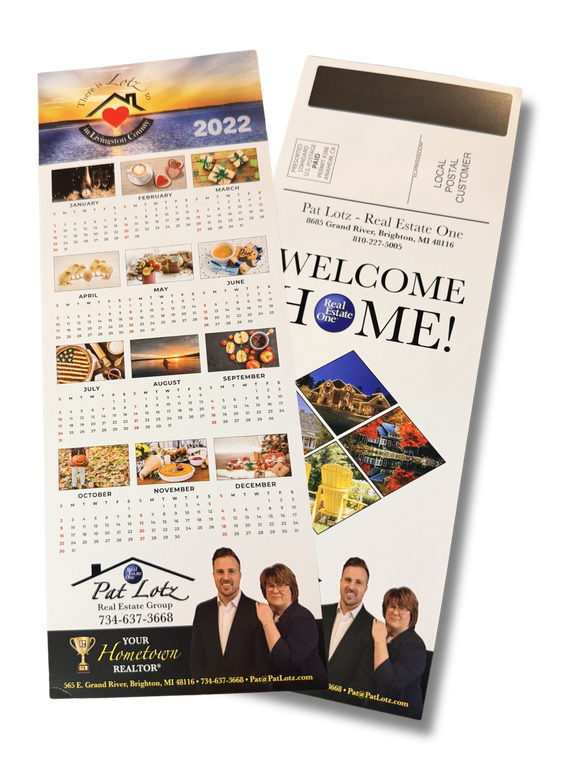 Real estate calendar with promotional text and images on a white background. Magnetic Mailing.