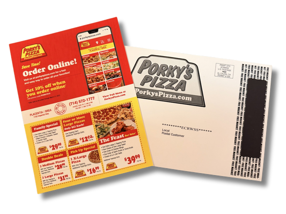 Promotional flyer and envelope for Porky's Pizza with menu items and contact information. EDDM Mailer.