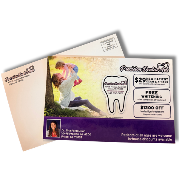 Dental office promotional flyer with a woman and child outdoors, showing dental services and contact information.