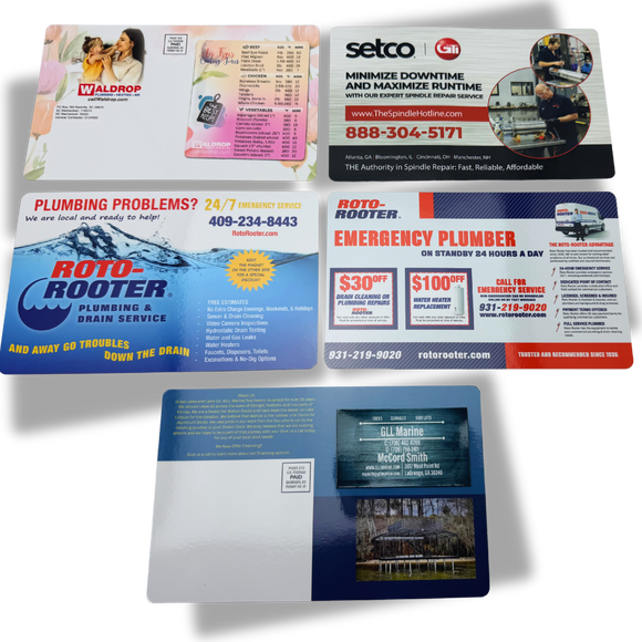 Collection of Magnetic Mailer postcards. coupons, business card magnets, plumbing, marine storage.