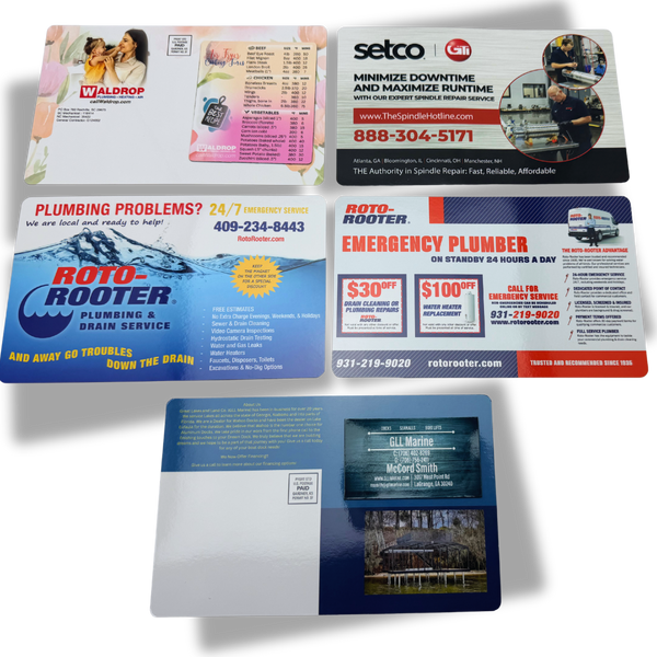 Collection of Magnetic Mailer postcards. coupons, business card magnets, plumbing, marine storage.