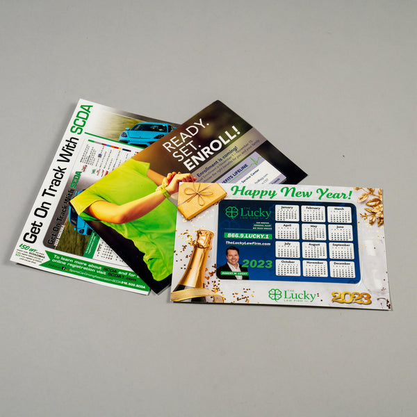 Laminated magnetic mailer postcard with embedded business card magnet, USPS automation approved.