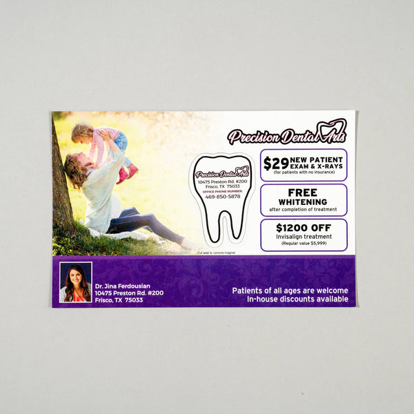 Laminated magnet postcard sample showing the magnet-postcard lamination construction.