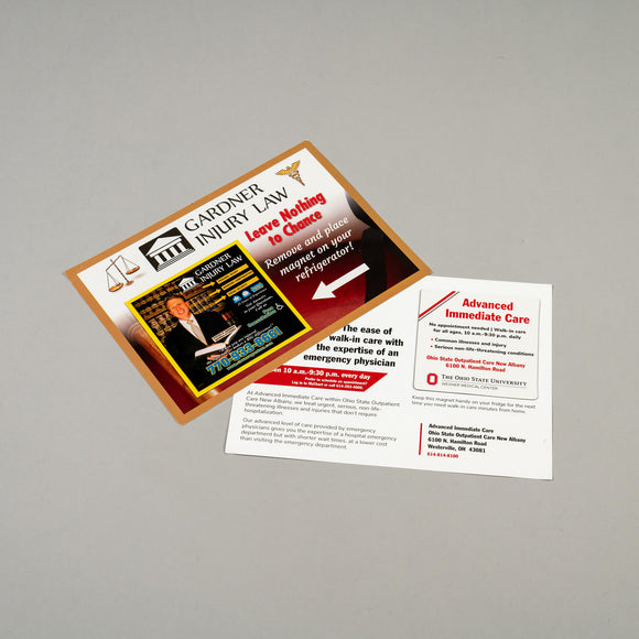 A Tipped Magnet Mailer postcard with a promotional magnet attached, featuring text and graphics related to a legal injury case.