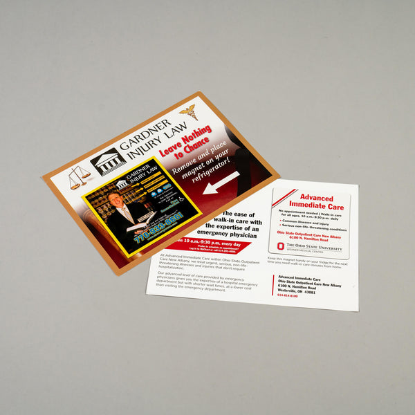 A Tipped Magnet Mailer postcard with a promotional magnet attached, featuring text and graphics related to a legal injury case.